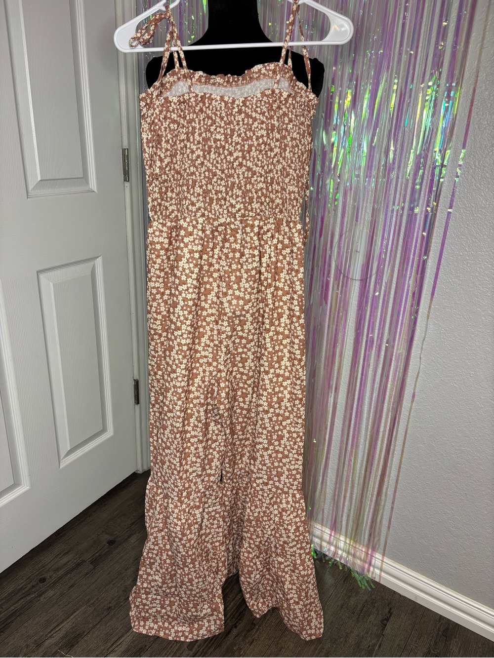 Smocked Bodice Floral Jumpsuit in Khaki/ Orange- Ruffle Wide Leg Adj Thin Straps - Picture 10 of 12